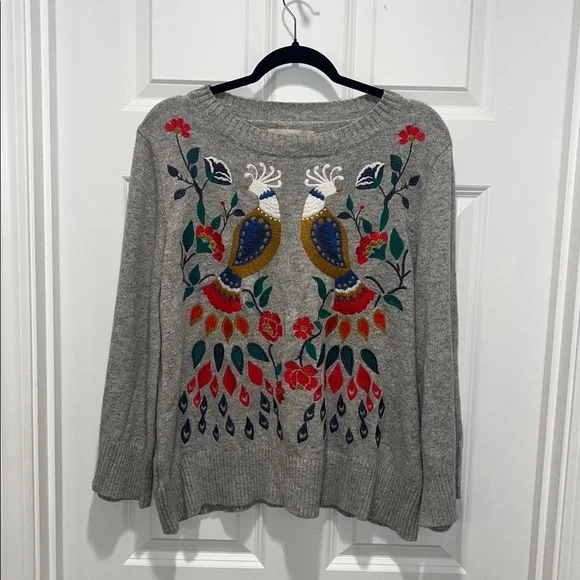 Loft Embroidered Floral Bird PEACOCKS Art deco Sweater Wool Blend L bell sleeves - Picture 4 of 11